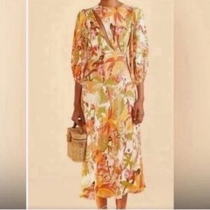Farm Rio Leopard Forest Sand Midi Dress Brazilian Boho Goddess Golden Autumn NWT